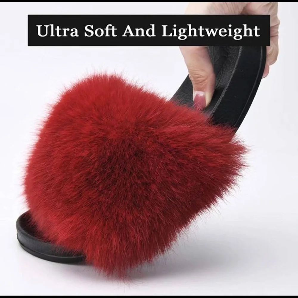 Red Women’s Fur-Fuzzy-Slides-Slippers Open Toe - Picture 4 of 4